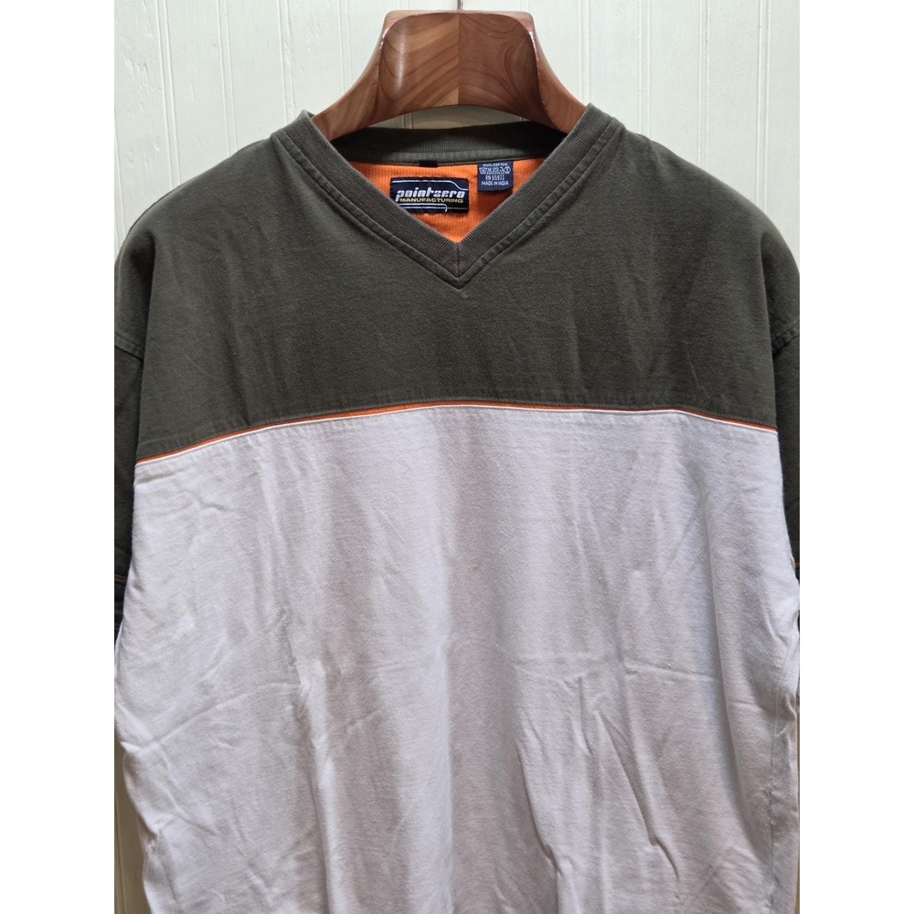 Point Zero Shirt Mens XL White Green Colorblock V Neck Cotton‎ Tee Short Sleeve